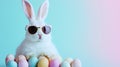 Easter bunny with sunglasses and eggs holiday background for design Royalty Free Stock Photo
