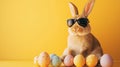 Easter bunny with sunglasses and eggs on yellow background holiday card Royalty Free Stock Photo