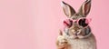 Easter bunny in sunglasses giving thumbs up on pastel background with copy space for text placement Royalty Free Stock Photo