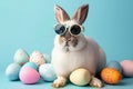 Easter bunny in sunglasses sitting surrounded painted Easter eggs on blue background. space for text Royalty Free Stock Photo