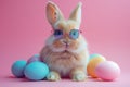 Easter bunny in sunglasses sitting surrounded painted Easter eggs on pink background. space for text Royalty Free Stock Photo