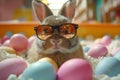 Easter bunny in sunglasses sitting surrounded painted Easter eggs . space for text Royalty Free Stock Photo