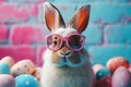 Easter bunny in sunglasses surrounded painted Easter eggs on pink blue background. free space Royalty Free Stock Photo