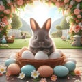 Easter Bunny surrounded by colorful eggs in a festive spring setting