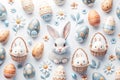 Easter Bunny surrounded by decorated eggs, flowers, and baskets on white background Royalty Free Stock Photo