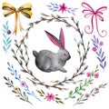 Easter bunny surrounded by willow branches and flowers. Two big bows. Watercolor drawing. Set of elements for your design.