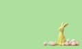 Easter bunny with tiny eggs sweets on green background.