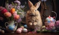 The Easter bunny together with the painted eggs is waiting for the start of the Easter day.