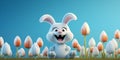 Easter bunny with tulips sitting on grass over blue background Royalty Free Stock Photo