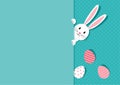 Easter bunny vector background, ears rabbir with eggs paper card, blue funny animal greeting poster. Holiday illustration