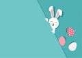 Easter bunny vector background, rabbir with eggs paper poster, funny greeting card. Spring holiday illustration
