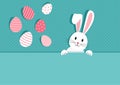 Easter bunny vector greeting card, ears rabbir with eggs paper background, funny holiday poster. Spring animal illustration