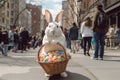 Easter bunny walking on busy shopping street - Generative AI