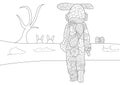 Easter Bunny Walking in Field Scene Pattern Coloring Page