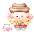 Easter bunny watercolor boy hug little chick. Series: Kawaii animals rabbit egg hunting (Character cartoon). Royalty Free Stock Photo