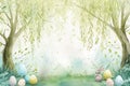 Easter Bunny in Watercolor Forest. A serene watercolor setting with willow trees, a bunny, and Easter eggs