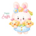 Easter bunny watercolor girl hug little chicken. Series: Kawaii animals rabbit egg hunting (Character cartoon). Royalty Free Stock Photo