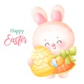 Easter bunny watercolor hug egg. Series: Kawaii animals rabbit eggs hunting (Character cartoon). Royalty Free Stock Photo