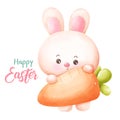 Easter bunny watercolor hug giant carrot. Series: Kawaii animals rabbit egg hunting (Character cartoon). Royalty Free Stock Photo