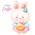 Easter bunny watercolor hug little chick. Series: Kawaii animals rabbit egg hunting (Character cartoon). Royalty Free Stock Photo