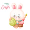 Easter bunny watercolor painting eggs colorful. Series: Kawaii animals rabbit egg hunting (Character cartoon). Royalty Free Stock Photo