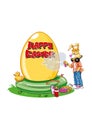 Easter bunny is spraying Happy Easter on a yellow egg