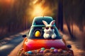 easter bunny wearing glasses sitting in front of the car with easter eggs Royalty Free Stock Photo