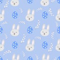 Easter bunny, willow, Easter eggs cute seamless pattern. Happy Easter bacground. Vector illustration for the design of