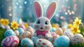 Easter Bunny in Wonderland Adorable Rabbit Surrounded by Colorful Eggs, Celebrating Spring Royalty Free Stock Photo