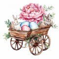 Easter bunny in a wooden cart with painted eggs and flowers. Watercolor illustration Royalty Free Stock Photo