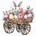 Easter bunny in a wooden cart with painted eggs and flowers. Watercolor illustration Royalty Free Stock Photo