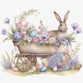 Easter bunny in a wooden cart with painted eggs and flowers. Watercolor illustration Royalty Free Stock Photo