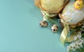 Easter cake background. Chicken, spring flowers and eggs