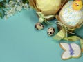 Easter cake background. Chicken, spring flowers and eggs