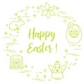 Easter cake, basket, eggs, rabbit, flowers, angel. Royalty Free Stock Photo