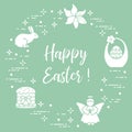 Easter cake, basket, eggs, rabbit, flowers, angel. Royalty Free Stock Photo