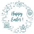 Easter cake, basket, eggs, rabbit, flowers, angel. Royalty Free Stock Photo