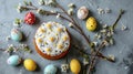 Easter cake, blooming branches, decorated Easter eggs and flowers one a marble table, spring holiday flat lay, AI