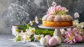 Easter cake and bright eggs on a festive Easter table Generative AI, Royalty Free Stock Photo