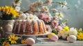 Easter cake and bright eggs on a festive Easter table Generative AI, Royalty Free Stock Photo
