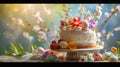 Easter cake and bright eggs on a festive Easter table Generative AI, Royalty Free Stock Photo