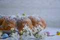 Easter cake, cherry blossoms decor spring season tradition pastry decorated celebrate delicious on a light background