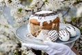 Easter cake and colored eggs on a plate, white gloves, a festive composition in a rustic style