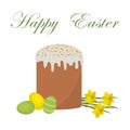 Easter cake, colored eggs and yellow daffodils, isolated on a white background