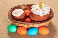 Easter cake and colorful Easter eggs in wicker basket Royalty Free Stock Photo