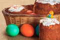 Easter cake and colorful Easter eggs in wicker basket Royalty Free Stock Photo