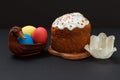 Easter cake and colorful Easter eggs in wicker basket Royalty Free Stock Photo