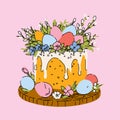 Easter Cake with Colorful Eggs and Floral Decorations Royalty Free Stock Photo