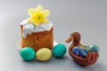 Easter cake and colorful Easter eggs in wicker basket Royalty Free Stock Photo