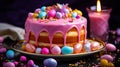 Easter cake covered with colored glaze and decorated with sweets